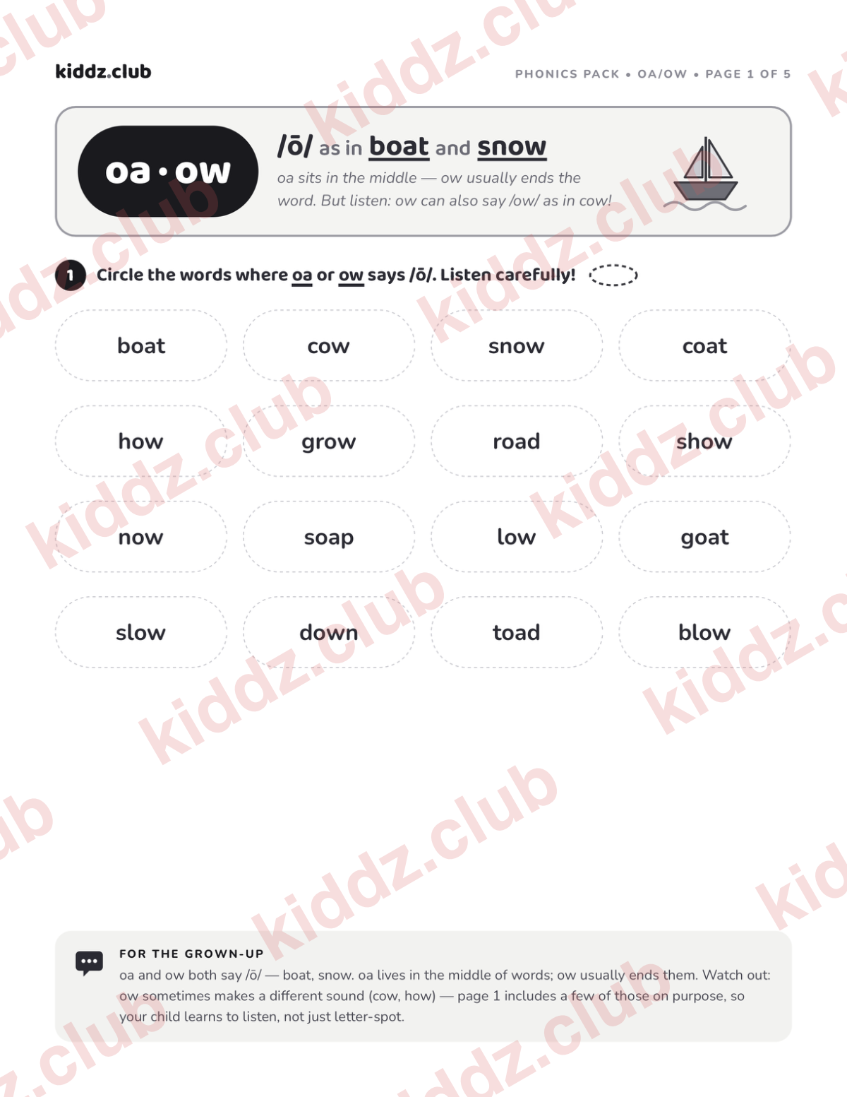 Preview of the free printable oa and ow phonics activity pack