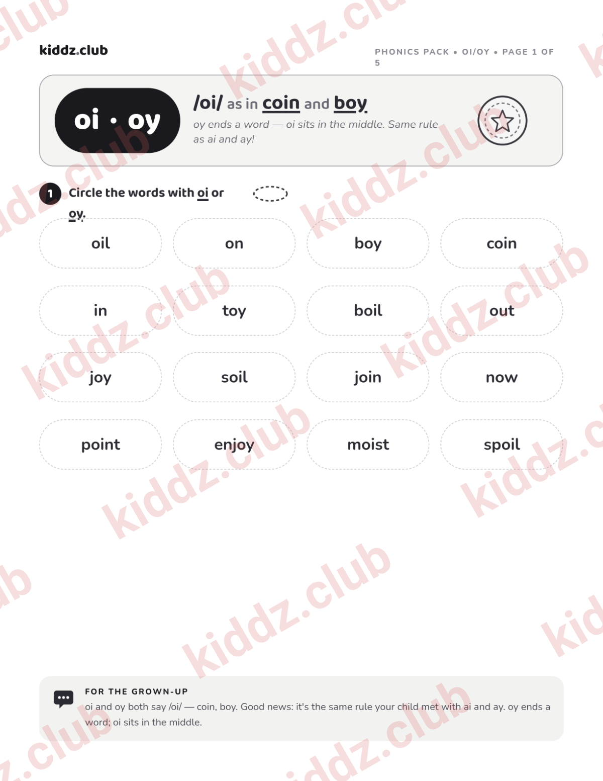 Preview of the free printable oi and oy phonics activity pack