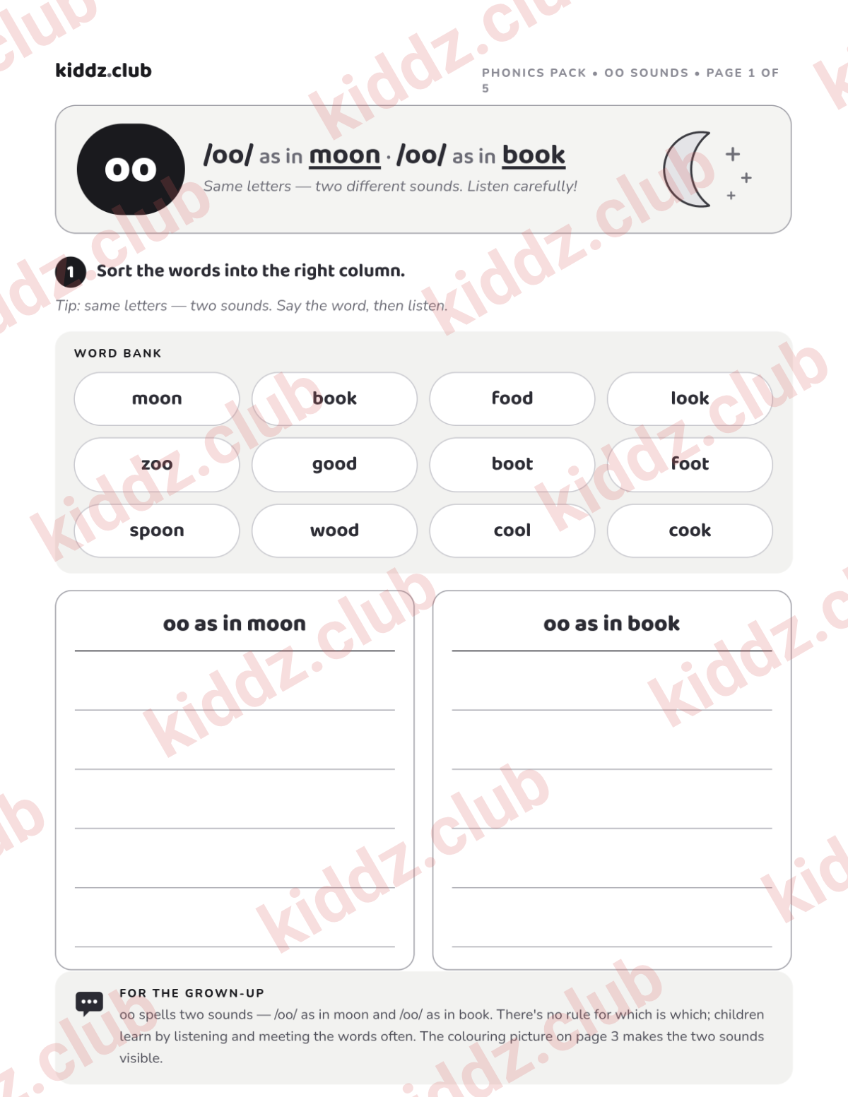 Preview of the free printable oo phonics activity pack