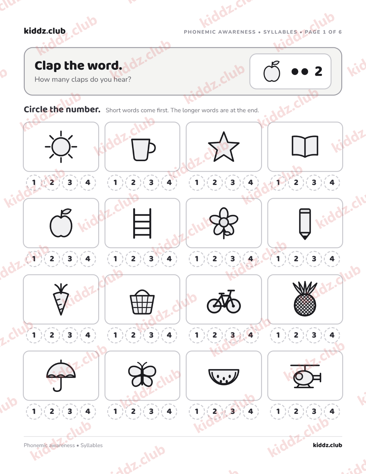 Page 1: phonemic awareness syllables worksheet with spoken listening activities