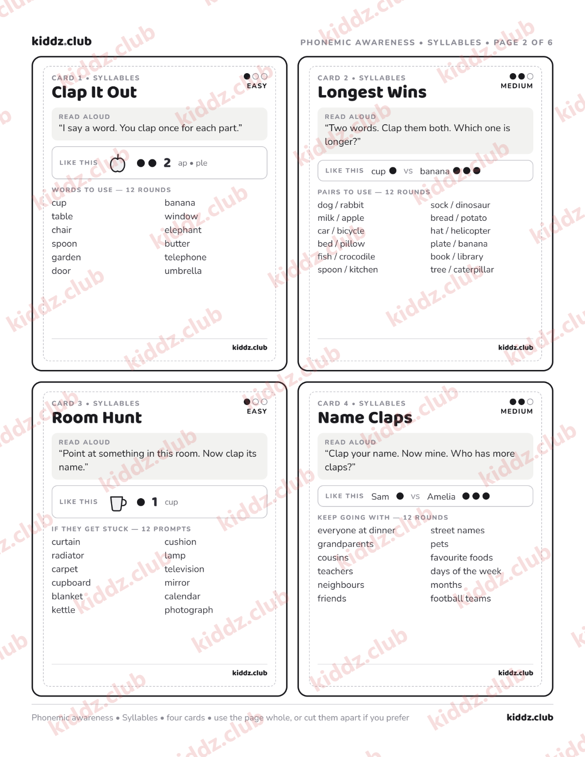 Page 2: reusable syllables activity cards for a grown-up-led oral game