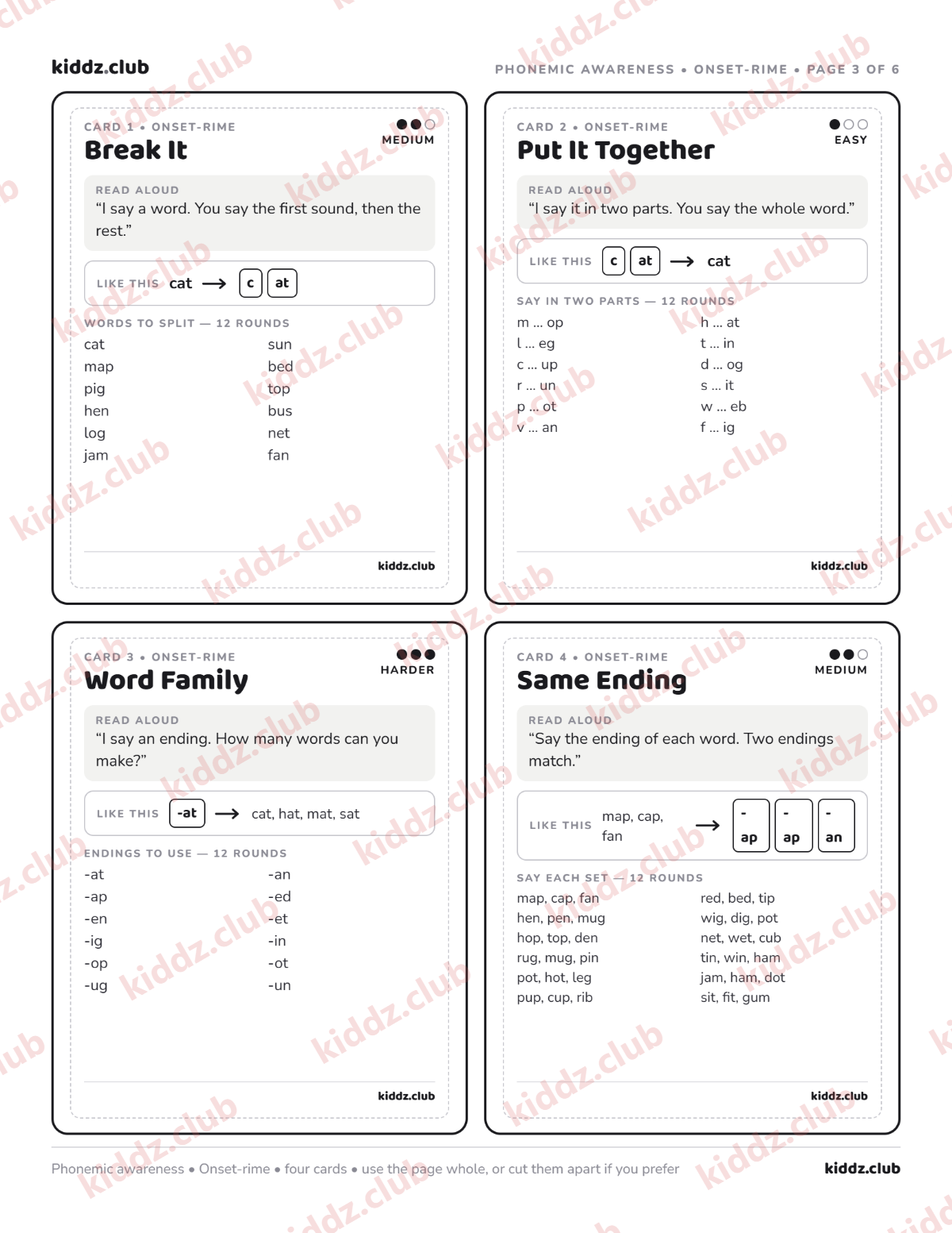 Page 3: reusable onset-rime activity cards for hearing the first part and word family