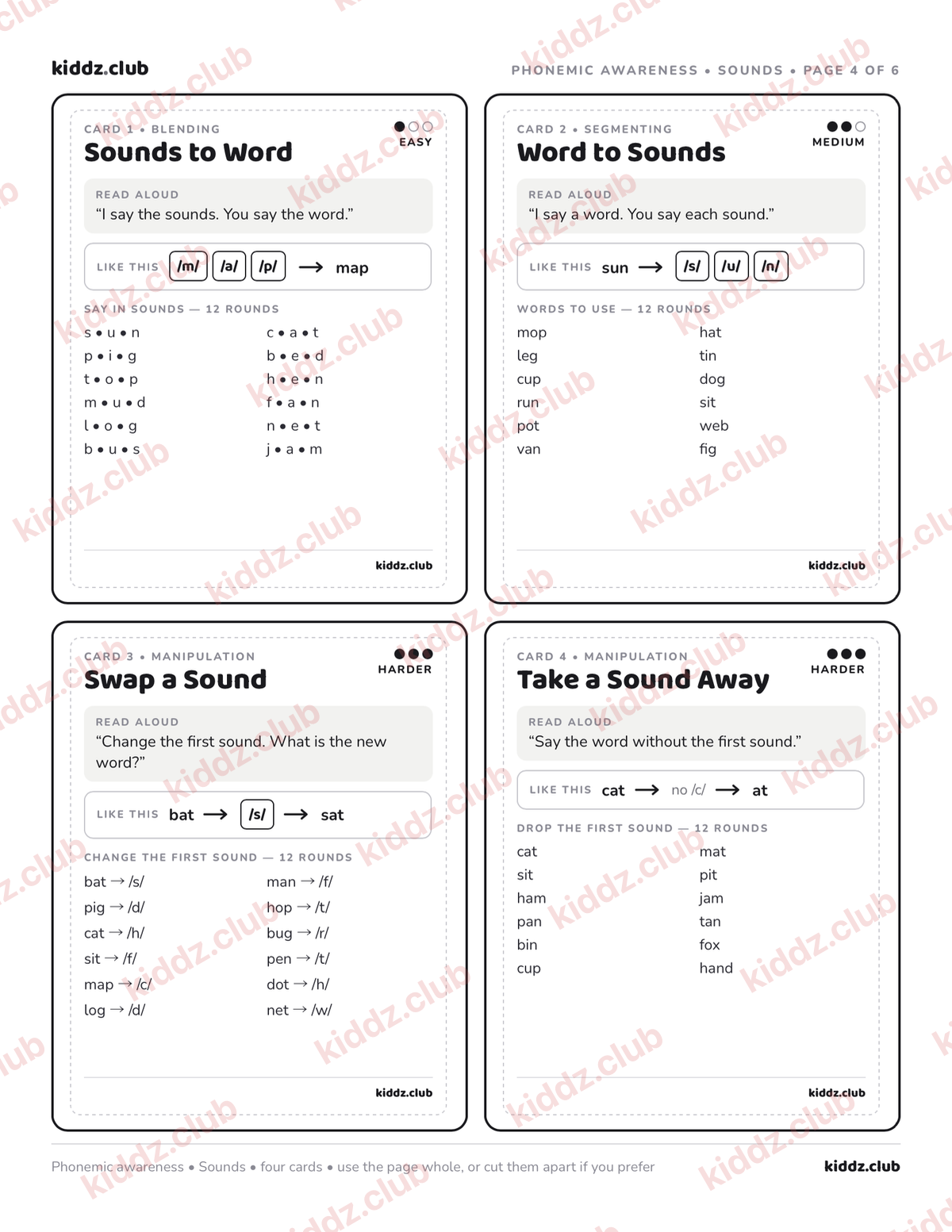 Page 4: reusable oral cards for blending, segmenting and manipulating sounds