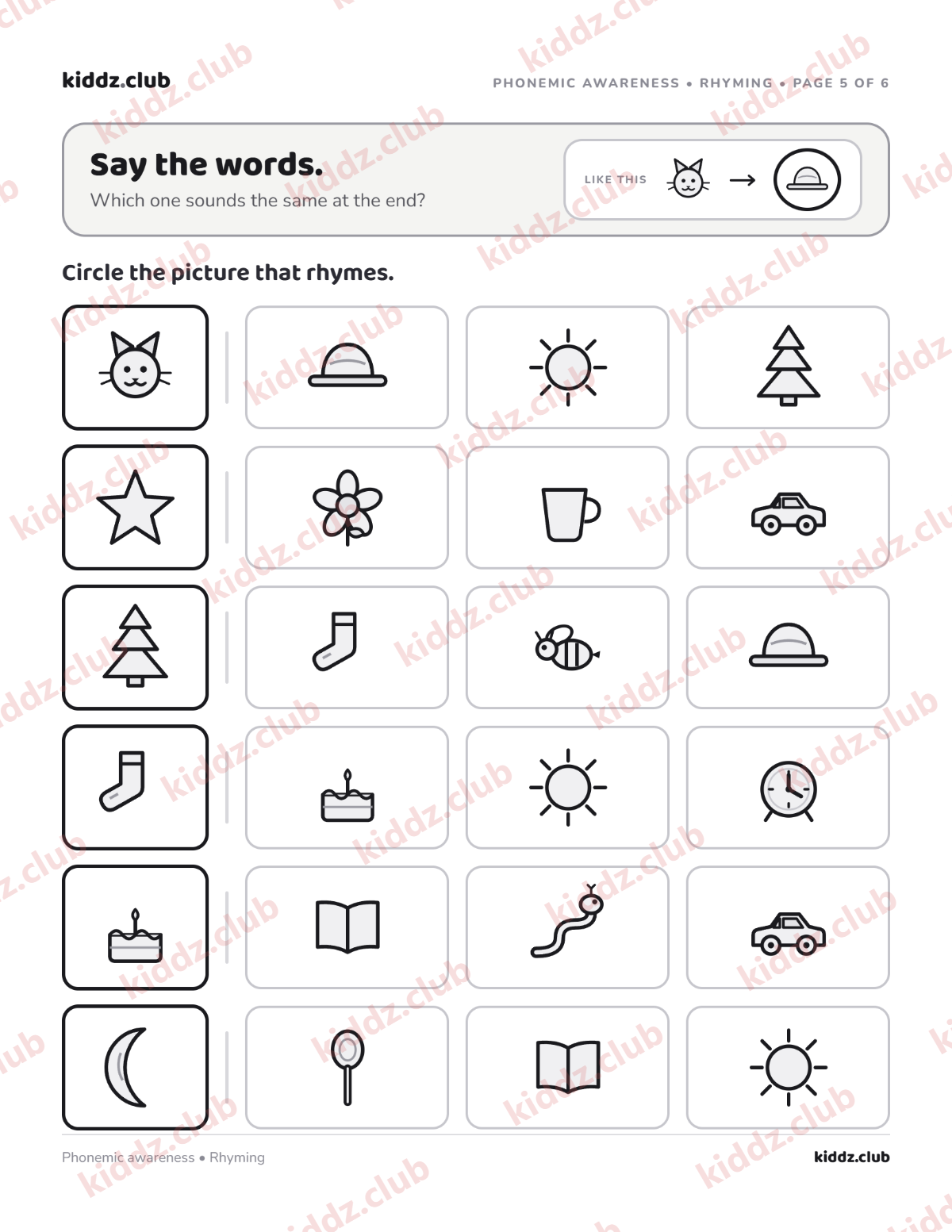 Page 5: phonemic awareness rhyming worksheet with spoken sound activities