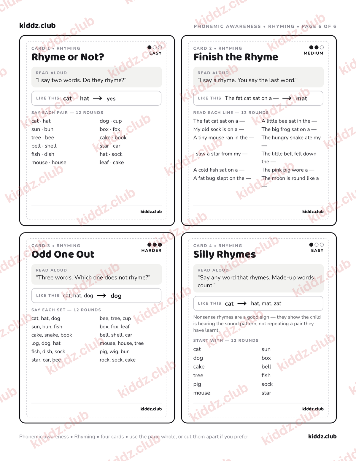 Page 6: reusable rhyming activity cards for a grown-up-led oral game