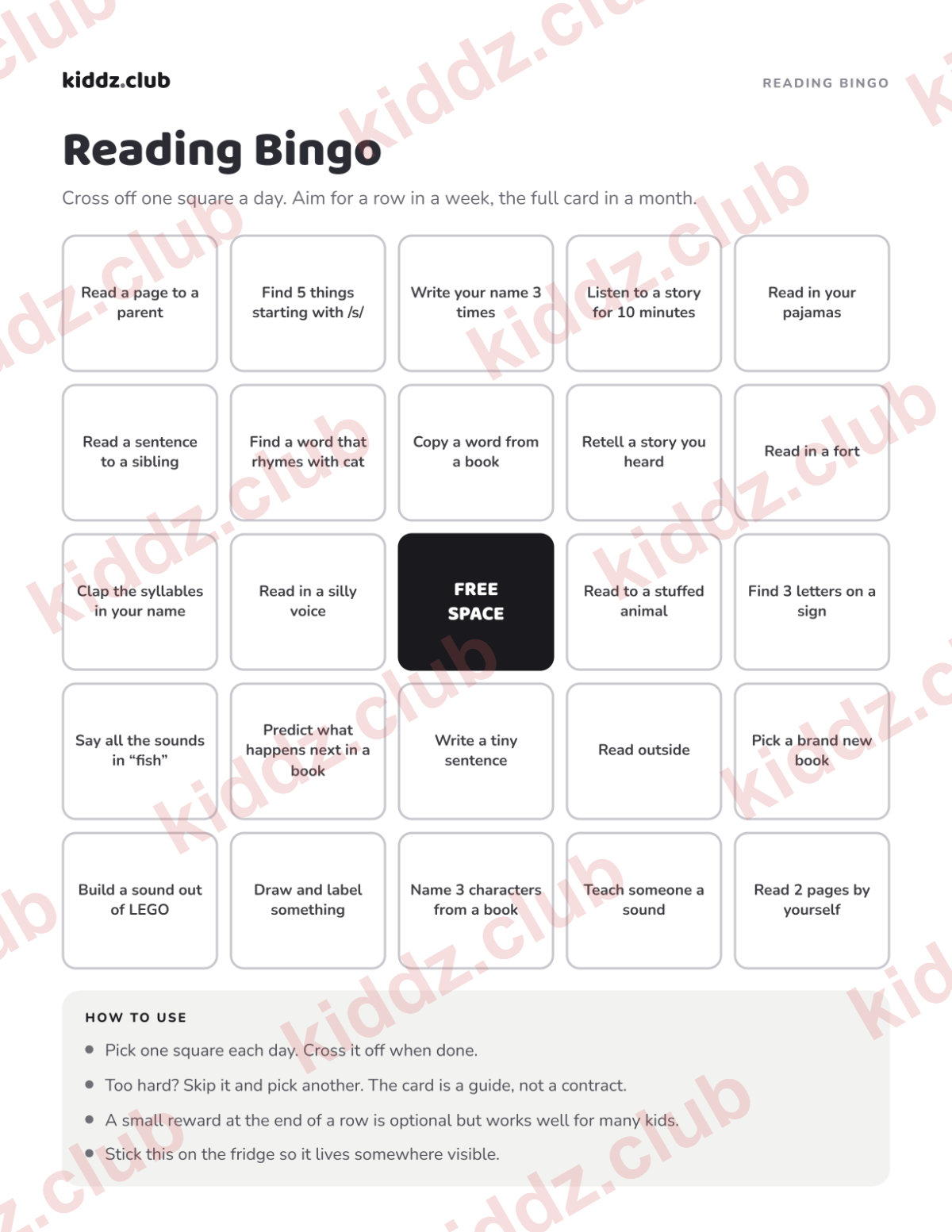 Preview of the first page of the Reading Bingo card