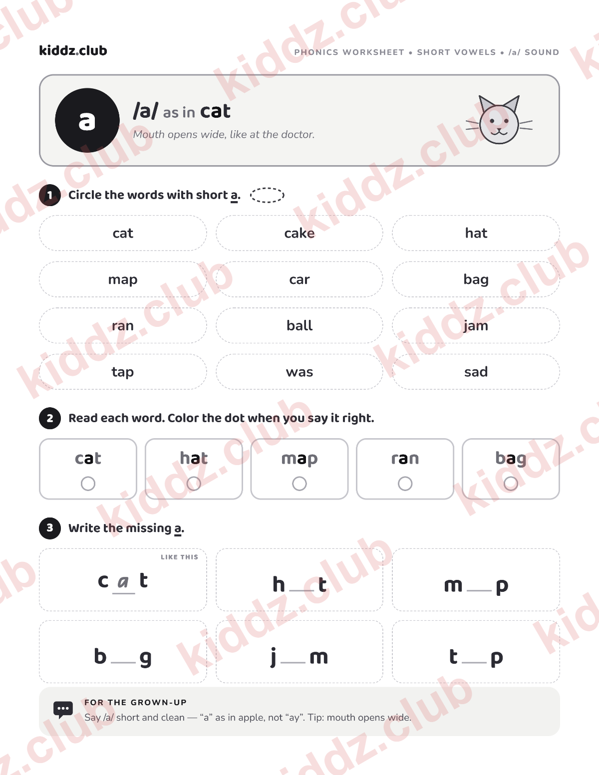 Preview of the free printable short a phonics worksheet