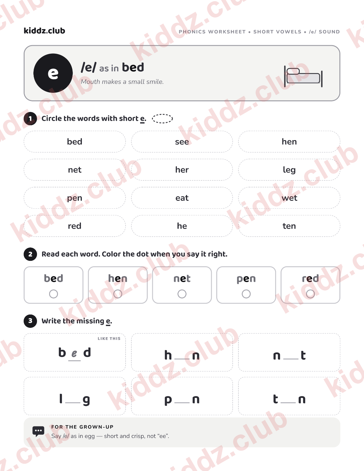 Preview of the free printable short e phonics worksheet