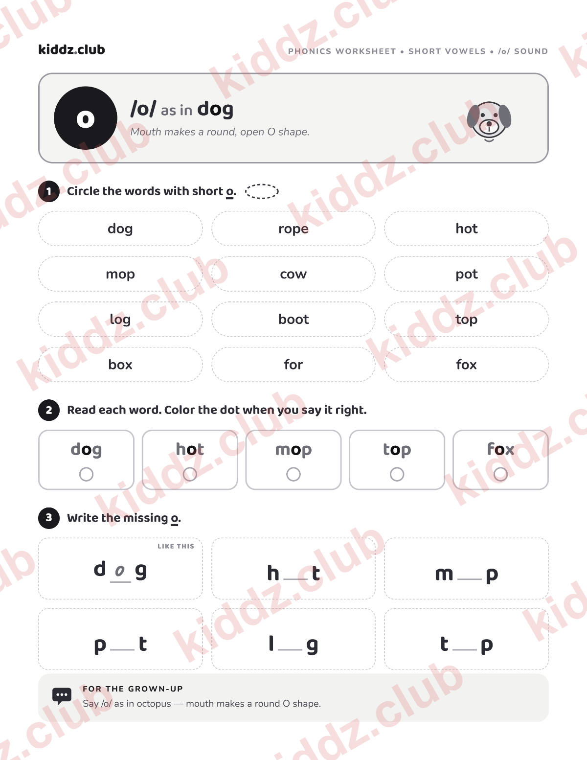 Preview of the free printable short o phonics worksheet