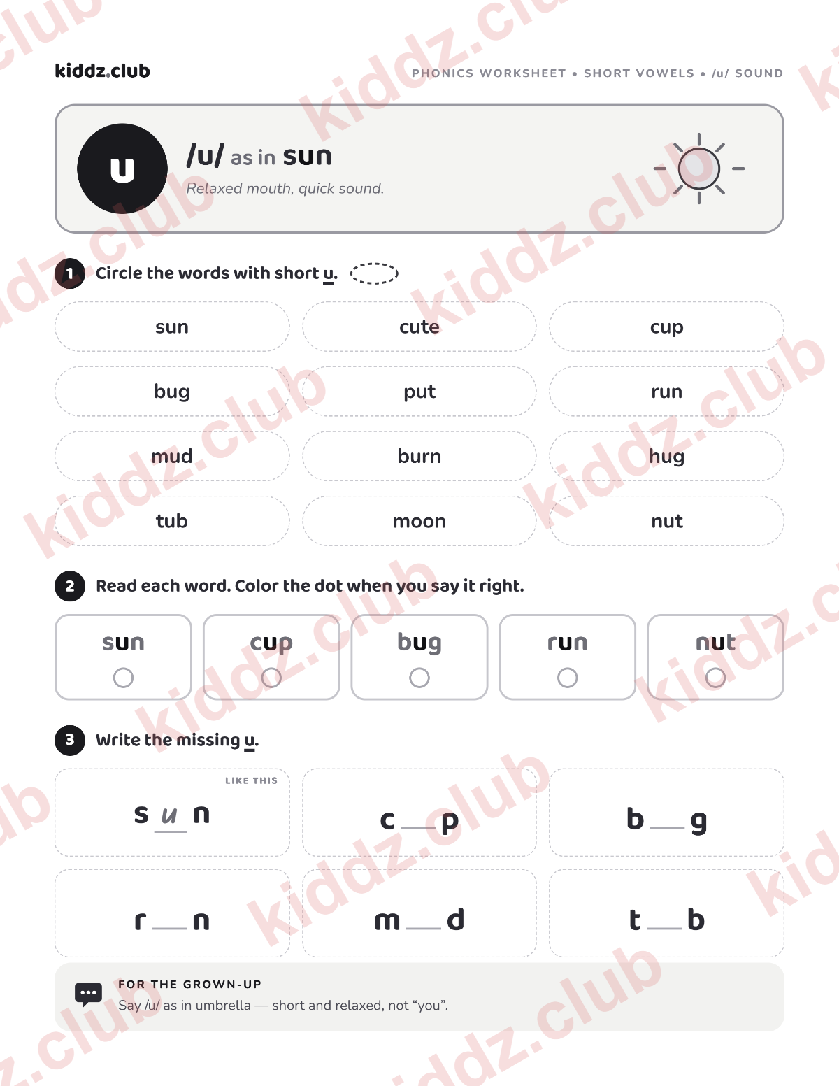 Preview of the free printable short u phonics worksheet
