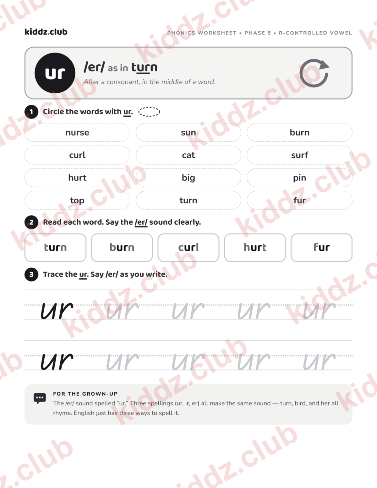 ur phonics worksheet — free printable phonics worksheet preview from Kiddz.club