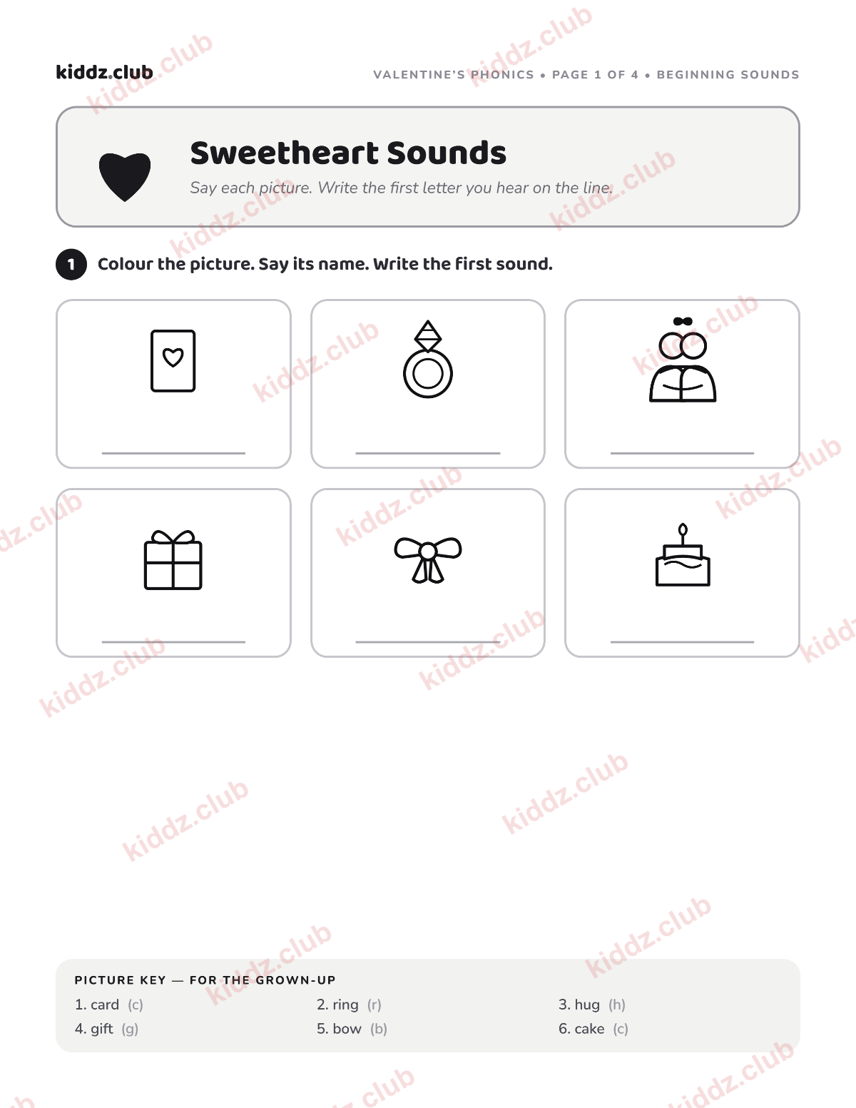Preview of the free printable Valentine's phonics worksheet from Kiddz.club
