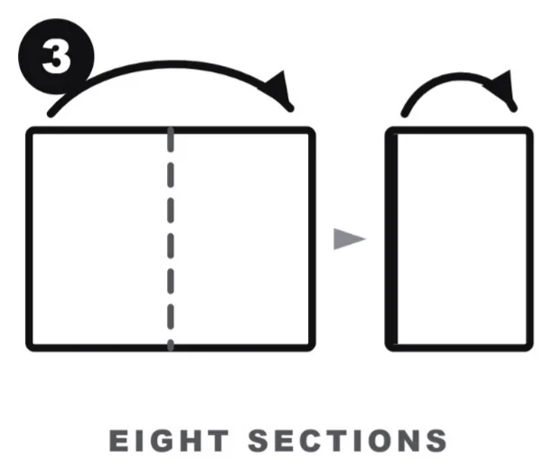 Step 3 diagram: Fold in half the short way, then in half again