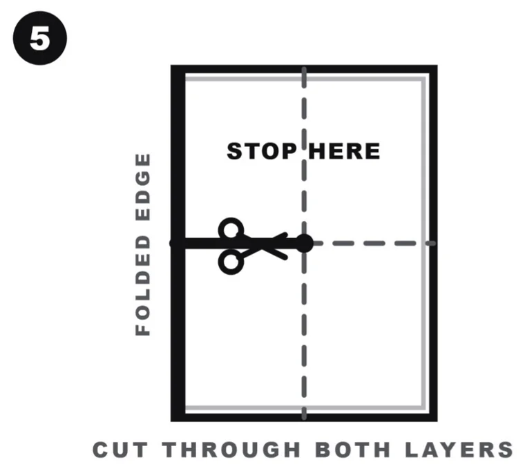 Step 5 diagram: Fold again and cut along the middle crease